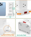 Image of Surge Protector Power Strip with 12 Outlets and 4 USB Ports including USB-C, shown with dimensions and anti-slip feet.