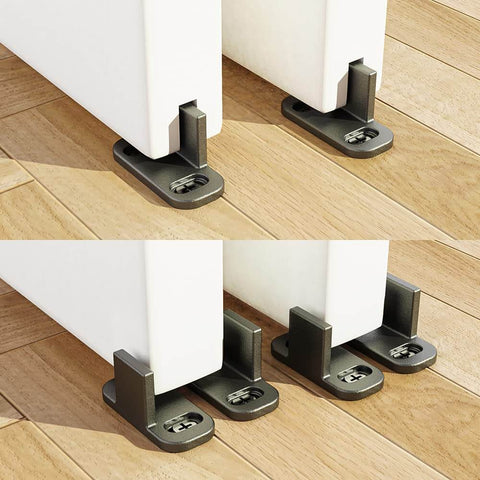 Bypass Barn Door Hardware Kit With Heavy Duty Roller Anti Jumper Floor Guide Stopper And Accessories in use on floor