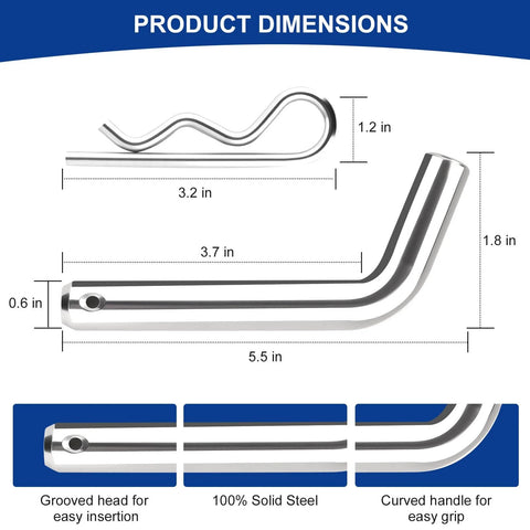 Easy Clip and Go Heavy Duty Trailer Hitch Pin and Clip With Grooved Head, 5/8 Inch Diameter, dimensions and features.