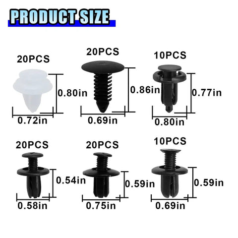 100 Piece Car Bumper Clip Kit With 6 Size Push Pin Fasteners And Remover Tool, Plastic Auto Body Trim Rivets size chart