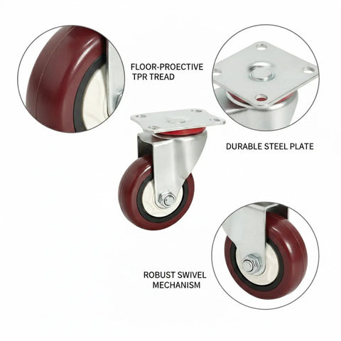 Built Tough Swivel Plate Caster With 2.5 Inch Tpr Wheel And 4X4 Inch Steel Mounting Base for garage carts, featuring durable steel plate and TPR tread.