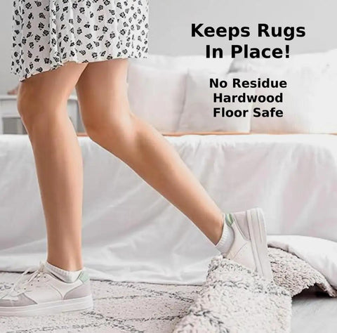 Person stepping on rug secured with Non Slip Rug Tape Peel And Stick Gripper For Hardwood Concrete And Carpeted Floors Keeps Rugs Secure