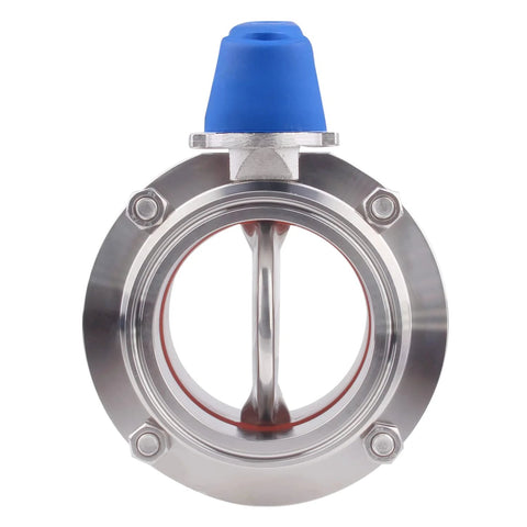 Butterfly valve, 3-inch tri-clamp, stainless steel 304, blue trigger handle, front view