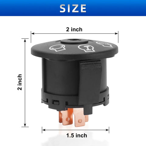 Front view of a black plastic lawn mower ignition switch with 5 copper terminals; 2-inch tall, 2-inch diameter.