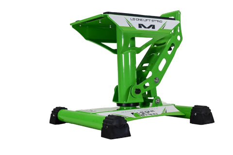 Front view of green Beefy Heavy Duty Lift Stand for Dirt Bikes and Mini Riders 500 lb capacity carbon steel construction