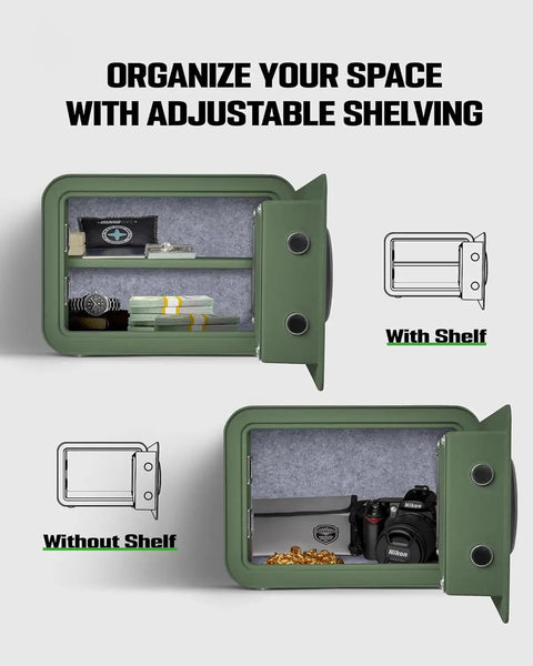 Built Tough Steel Safe With Keypad, 1.0 Cu Ft Personal Security Lock Box For Money And Jewelry, shown with adjustable shelves