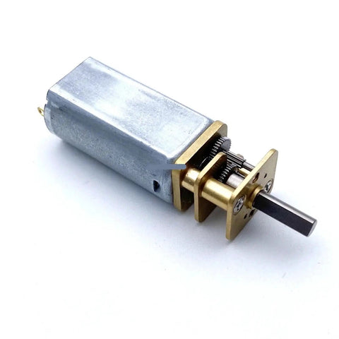 Versatile DC Gear Motor Engine With Durable Metal Construction For 3V 6V 12V Systems; metal body with gear and shaft detail.