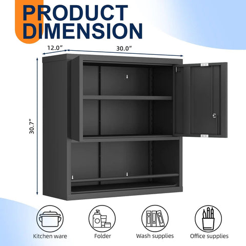 Beefy Metal Wall Cabinet With Doors And Shelves Locking Garage Storage Cabinet For Workshop Warehouse And Home Office Heavy Duty Steel Wall Mounted Black