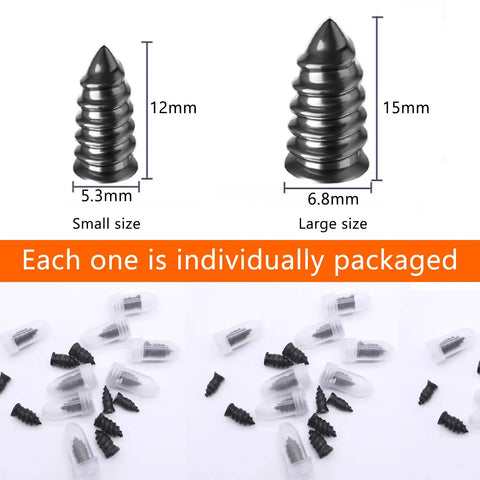 Heavy Duty Screw Tire Repair Kit With Forty Pre Coated Rubber Plugs, showing small and large plugs in packaging.