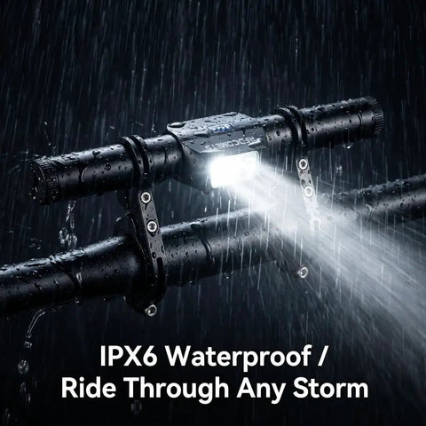Beefy 800 Lumen USB Rechargeable Bike Headlight With 9.05 Inch Aluminum Handlebar Extender in rain, IPX65 waterproof