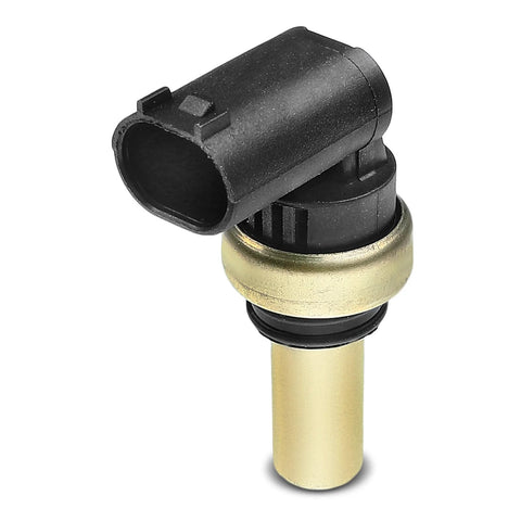 Coolant temperature sensor close-up view with black plastic connector and brass probe
