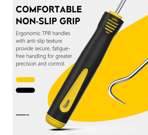 4 Piece Hook And Pick Set For Automotive And Home Repairs With Ergonomic Handles, Shop Grade Quality, Handy For Tackling Tight Spots, Includes Straight Pick Full Hook 90 Degree Hook And 135 Degree Hook, Great For O Ring Tasks, ergonomic handle close-up