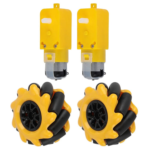 Funien gear motor Mecanum wheel set, front view, two yellow 48mm motors and two sunflower wheels with black rollers.
