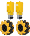 Front view: two yellow TT motors and two yellow rubber-coated 1.9-inch mecanum wheels with black centers.