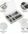 M2 To M20 Metric Fastener Set With Carbon Steel And Stainless Steel Screws Nuts In Storage Box For Furniture Assembly Cabinet Tightening Hinge Fixes And Everyday Home Fixups. Open plastic organizer with M2-M20 bolts and nuts, stainless and carbon steel.