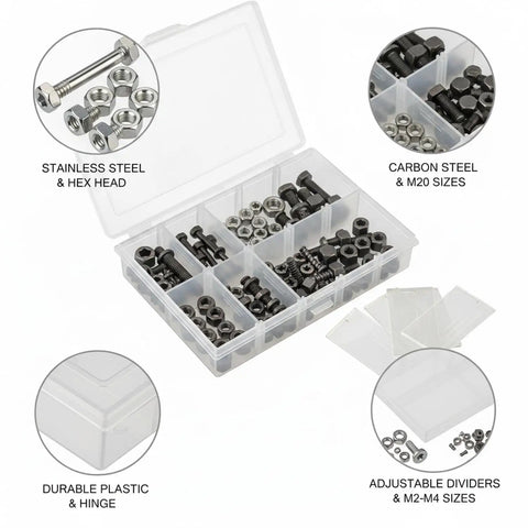 M2 To M20 Metric Fastener Set With Carbon Steel And Stainless Steel Screws Nuts In Storage Box For Furniture Assembly Cabinet Tightening Hinge Fixes And Everyday Home Fixups. Open plastic organizer with M2-M20 bolts and nuts, stainless and carbon steel.
