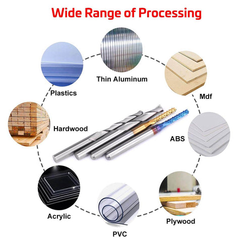 40 Piece Pro Grade All In One CNC Router Bits Set With 1/8 Inch Shank Ball Nose And Flat Nose End Mills, processing materials shown