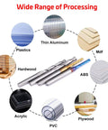 40 Pack Pro Grade CNC Router Bits End Mills Set for engraving milling wood, plastic, soft metals with material examples around bits.