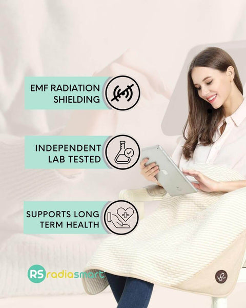 Woman using tablet with Ultra Soft Organic Cotton Baby Blanket With EMF Shielding For 5G Radiation Protection in cream color