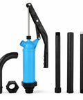 Heavy Duty 55 Gallon Drum Pump With Ergonomic Lever Handle For Moving Motor Oil Diesel Fuel Water Alcohol Kerosene And Gear Oil Fast Flow Rate Includes Built In Filter Keeps Grime Out Smooth Work Makes Pumping A Breeze Shop Use, blue pump and attachments.
