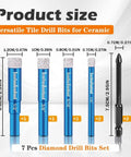 7 Piece Diamond Drill Bits Set For Tiles And Stone, Pro Grade Tile Drills For Ceramic Glass Porcelain Marble Granite, Blue Dry Diamond Drills With Cooling Wax, Fast Dry Drilling With Round Shank, showing product sizes.