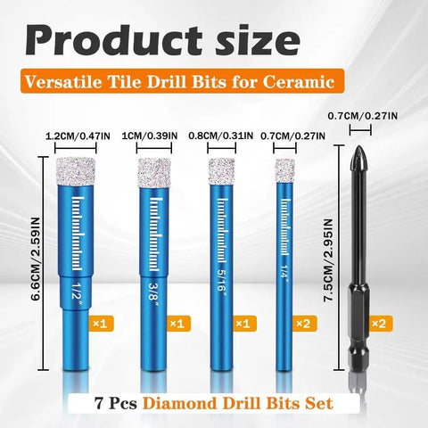 7 Piece Diamond Drill Bits Set For Tiles And Stone, Pro Grade Tile Drills For Ceramic Glass Porcelain Marble Granite, Blue Dry Diamond Drills With Cooling Wax, Fast Dry Drilling With Round Shank, showing product sizes.