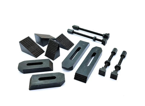 24 Piece M6 Clamp Kit For 3 Inch And 4 Inch Rotary Tables, Milling Tables, Face Plates And Vertical Slides Heavy Duty Workholding Set For Precise Machining, showing various clamps and bolts on white background.