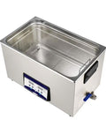 Pro Grade Slick Wash Industrial Ultrasonic Cleaner With Smart Digital Timer Quick Heat Module And Rust Proof Stainless Basin viewed from above with tank and mesh basket.
