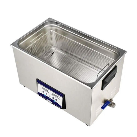 Pro Grade Slick Wash Industrial Ultrasonic Cleaner With Smart Digital Timer Quick Heat Module And Rust Proof Stainless Basin viewed from above with tank and mesh basket.
