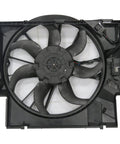 Heavy Duty BMW Cooling Fan Assembly Direct Fit OE Replacement Built Tough With High Heat Resistant Material Runs Smooth As Butter For Rock Solid Engine Cooling, with eight black blades and mounting shroud.