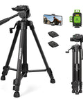 Pro Grade Adjustable Laser Level Tripod Extends Up To 62 Inch For 3D 4D And Line Lasers with accessories visible