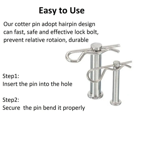 4 Pack Heavy Duty Hitch Pins And R Clips Stainless Steel Cotter Pins for Trailers and Trucks with installation steps.