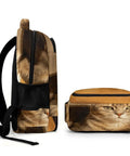 Side view of Indoor Striped Cat Printed Backpack For Unisex Use, showing smooth zipper and cat print, large capacity.