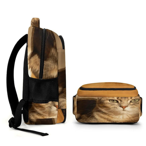 Side view of Indoor Striped Cat Printed Backpack For Unisex Use, showing smooth zipper and cat print, large capacity.