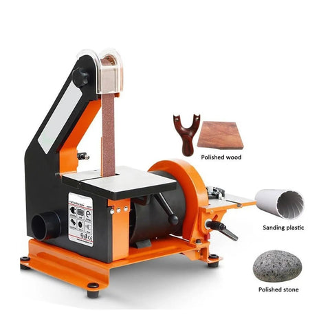 Compact Desktop Electric Grinder With Belt And Disc Sander For Woodworking. Detailed view of 350W multi tool for sanding projects.