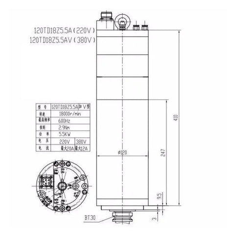 No Nonsense BT30 Taper Spindle Motor For CNC Milling And Engraving Up to 18000 RPM showing dimensions and specifications.