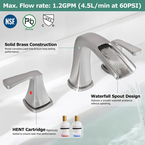 Two Handle Waterfall Widespread Bathroom Faucet In Brushed Nickel With Metal Pop Up Drain And cUPC Supply Lines Doris Model Ideal Vanity Upgrade For 6 To 12 Inch Center Distances