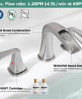 Waterfall Widespread Two-Handle Bathroom Faucet With Metal Pop Up Drain And Quick Connect Supply Lines In Oil Rubbed Bronze, No Fuss Install, 6 To 12 Inch Center Spread, Three Hole Mount, Doris 14071 showing spout and handles