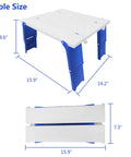 Dimensions of Grab-And-Go Portable Folding Beach Table For Sand With Carry Bag Ultra Lightweight Outdoor Side Table For Camping Picnic And BBQ Adjustable Height Blue in unfolded and folded states