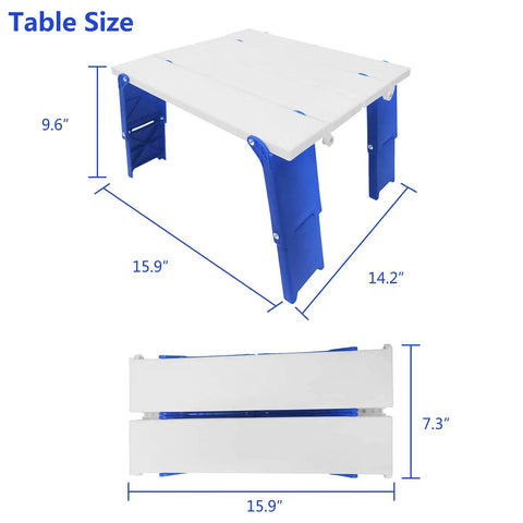 Dimensions of Grab-And-Go Portable Folding Beach Table For Sand With Carry Bag Ultra Lightweight Outdoor Side Table For Camping Picnic And BBQ Adjustable Height Blue in unfolded and folded states
