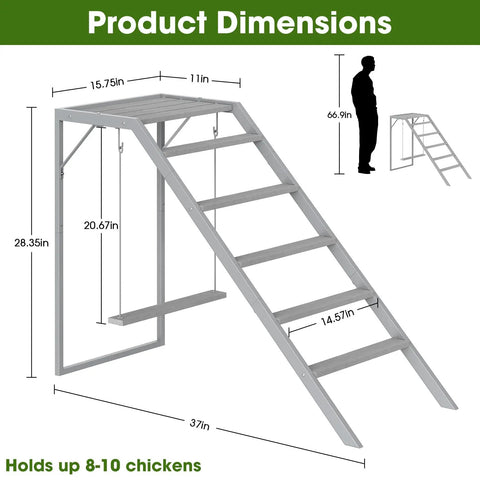 Chicken Perch With Ladder And Swing For Coop Roosting Bars product dimensions and capacity for 8-10 birds.