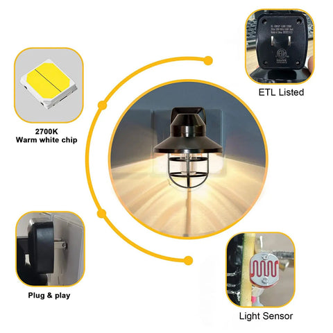 Diagram of Six Pack Rustic Farmhouse Night Lights Plug In Dusk To Dawn 2700K Warm White With Vintage Black Cage showing features