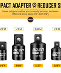 Impact adapter reducer set showing 3/8 and 1/2 inch male to female adapters from 7 Piece Impact Socket Adapter And Reducer Set With 1/4 To 3/8 To 1/2 Inch Drive Adapters And 1/4 Inch Hex Shank All-In-One Storage Case SAE Socket Converter For Auto DIY Projects.