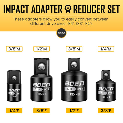 Impact adapter reducer set showing 3/8 and 1/2 inch male to female adapters from 7 Piece Impact Socket Adapter And Reducer Set With 1/4 To 3/8 To 1/2 Inch Drive Adapters And 1/4 Inch Hex Shank All-In-One Storage Case SAE Socket Converter For Auto DIY Projects.
