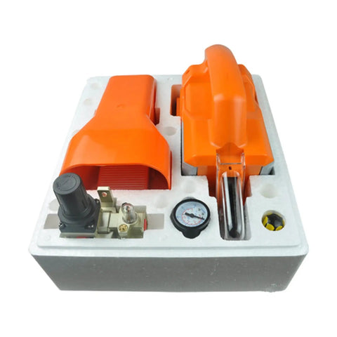 Heavy Duty Pneumatic Terminal Crimping Machine For Non Insulated Cable Lugs And Wires, orange tool set with pressure gauge.