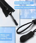 Universal Zipper Pull Replacement Kit 20 Pcs Black Zipper Pulls For Jackets Luggage Backpacks Purses Boots Pants Tents Three Styles Four Sizes Easy Grip Fix Broken Zippers Fast, showing durable PVC material and easy grip design.