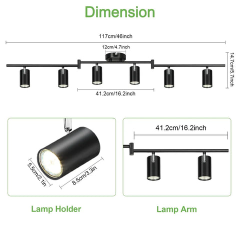 Six Light Black Track Lighting Kit With Adjustable LED Heads And GU10 Sockets showing dimensions and design features