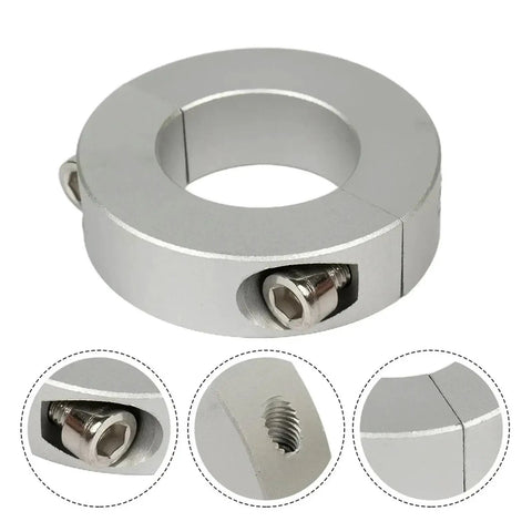 Shop Tough Rock Solid Heavy Duty Split Shaft Collar With Double Set Screw Clamp For Precision Machine Tools And Bearing Backstops In Anodized Silver 38 Mm Bore Size, displaying a close-up of double set screws.