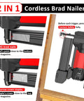 Close-up of 20V Cordless Staple Gun And Brad Nailer 2 In 1 Aluminum Magazine showing loading instructions for staples and brad nails