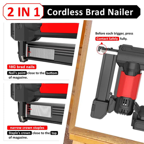 Close-up of 20V Cordless Staple Gun And Brad Nailer 2 In 1 Aluminum Magazine showing loading instructions for staples and brad nails